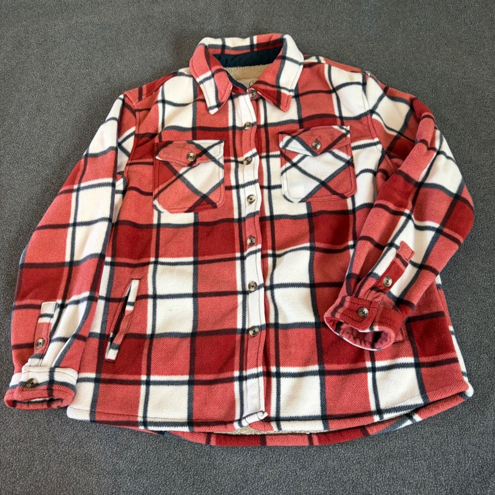 Sage Sherpa Lined Fleece Shirt Jacket Unisex Medium Red Plaid Shacket